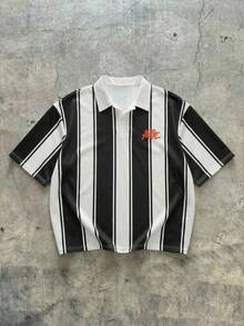 Áo Polo nam tay ngắn AXEPEAK phong cách thường ngày, thời trang đường phố, in chữ và sọc. - Đen và trắng - Xem 2