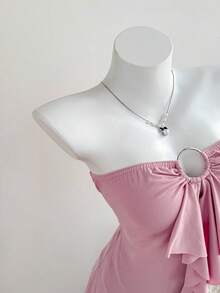 Elamini Áo quây thời trang nữ kiểu Y2K màu trơn, có vòng nối liền và bèo nhún ở gấu áo. - Màu Hồng baby - Xem 6