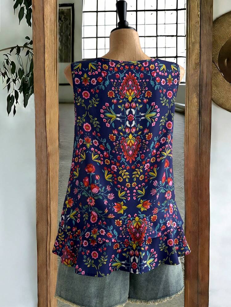 Plus Size Women Floral Print Casual Round Neck Tank Top,Summer Outfits For Women,Country Concert Outfit ,Women's Country Clothing ,Casual Blouses For Women,Summer Holiday Outfits ,Casual Blouses For Women