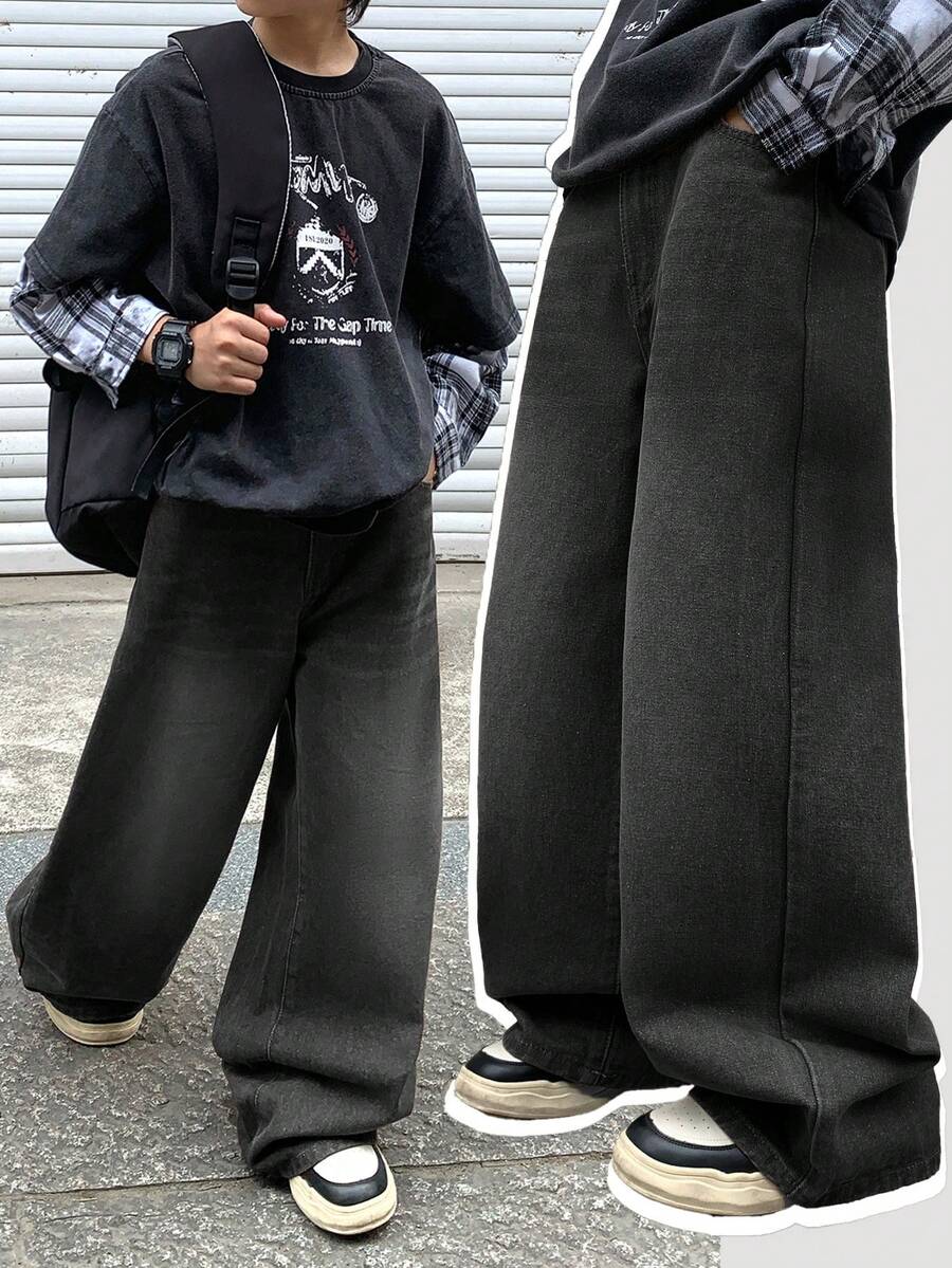 SHEIN Little Byeori 青少年男孩時尚休閒 Y2k 復古酷街頭無彈力棕色丹寧寬鬆舒適寬腿牛仔褲 Ailywear 童裝秋冬電音節慶街頭風 - 黑色 - 查看 1