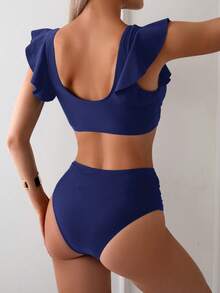 Swim Basics Set Baju Renang Bikini Ruffle Warna Polos Elegan Musim Panas Wanita Warna Biru Tua untuk Liburan Pantai, Dua Potong, Pakaian Liburan, Baju Renang Push Up untuk Wanita - Navy Blue - View 2