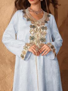 Al Najma Áo Kaftan thêu hoa phối sequin jacquard. - Màu xanh lam - Xem 1