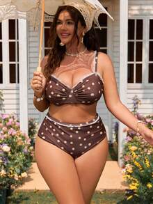 Swim Mod Plus Size Women's Sweet & Cute Minimalist Beach Vacation Casual Random Print Brown Base Beige Polka Dot Steel Bra 2-Piece Swimwear Set - Brown - View 4