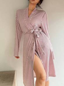 SHEIN Áo choàng ngủ kẻ sọc kiểu dáng thường ngày dành cho nữ - Nhiều màu - Xem 3