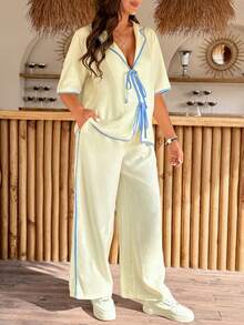 SHEIN 两件套孕妇度假休闲撞色滚边系带衬衫和裤子套装 - 彩色 - 查看 3