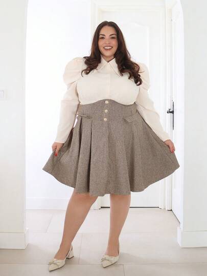 Pretty and Ole Plus Size Vintage Palace Style 2-Piece Set, Gigot Sleeve Shirt And High-Waisted Pleated Skirt, Stylish 2-Piece Set For Spring/Summer Valentine's Day Outfit