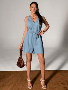 SHEIN V-Neck, Sleeveless Light Blue, Washed Denim Short Jumpsuit With Belted, Denim Overalls - Light Wash - View 4