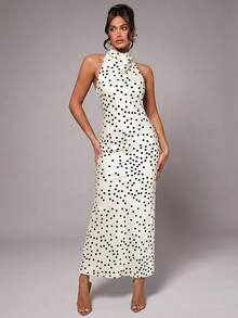 Silquee Đầm nữ mùa hè chấm bi, cổ satin, xuyên thấu, phối ren, hở lưng, gợi cảm và thanh lịch, thích hợp cho hẹn hò, đi chơi hàng ngày, tiệc Giáng sinh, tiệc đêm giao thừa và nhiều dịp khác. - Màu be - Xem 4