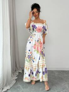 Elenzga Summer Refreshing Large Floral Print Dress, Square Neck Short Sleeve Waist Cinching Ankle Length Dress - Multicolor - View 6
