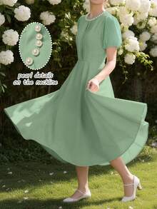 SHEIN LUNE 女士春夏香槟色优雅圆领V领珍珠装饰褶皱短袖泡泡袖梭织连衣裙，适合通勤和优雅日常穿着 - Limelight Green - 查看 7