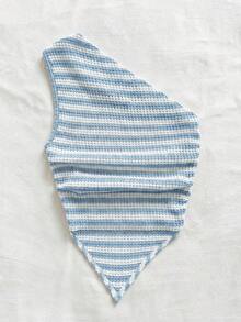 Soleia Đầm mini ôm sát cơ thể màu đen trắng dệt kim họa tiết bất đối xứng, phần ngực xoắn bồng bềnh, viền bèo nhún, eo thắt, thích hợp cho kỳ nghỉ của nữ. - Màu xanh nhạt - Xem 2