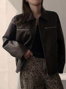 DAZY Jaket Lengan Panjang Wanita Warna Polos dengan Resleting, Kasual, Serbaguna untuk Pemakaian Sehari-hari, Musim Panas - Coffee Brown - View 4