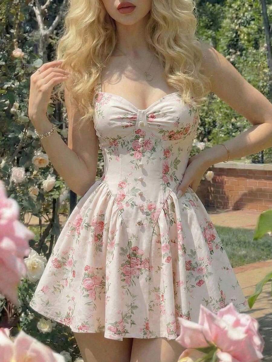 SHEIN MOD 纽扣装饰复古印花迷你连衣裙 - 彩色 - 查看 1