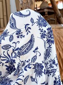 SHEIN 孕妇度假植物图案V领短袖休闲连衣裙 - 藍色 - 查看 6