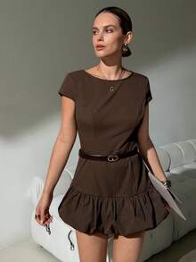 Lavishia Women's Elegant Coffee Brown Summer Short Sleeve Dress Ruffle Bud Hem,Business Casual Office Work Outfits,Formal Party Brunch Petite Clothing - Mocha Brown - View 5