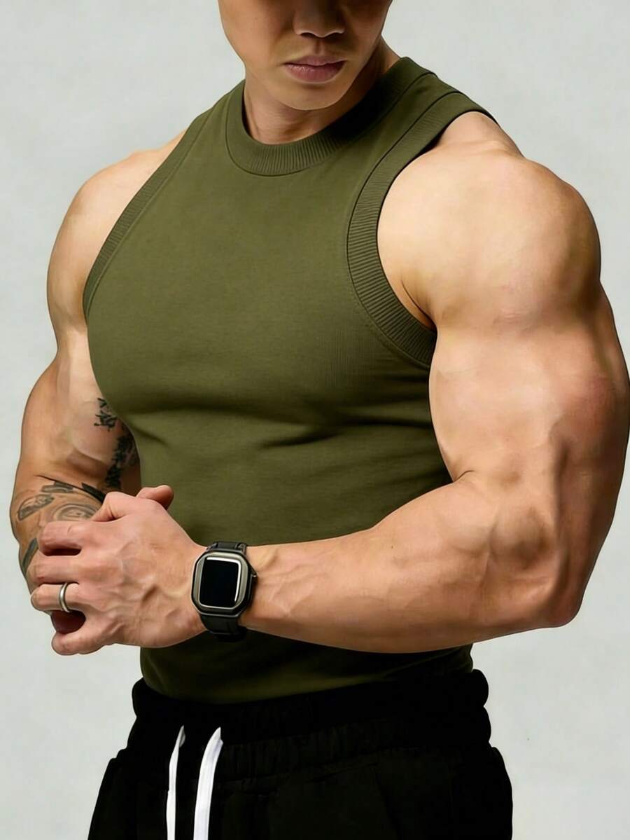 GymBeat Men's Solid Color Round Neck Casual Versatile Daily Wear & Sports Tank Top, Gym - Army Green - View 1