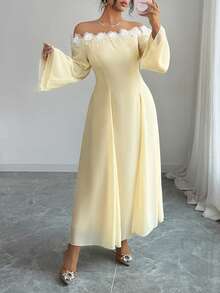 Feyla Große Größen Elegantes Kleid für Damen mit Blumenmuster, Off-shoulder und Glockenärmeln - Gänsegelb - Übersicht 5
