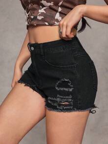 Jeanoix Quần short denim nữ thường ngày, kiểu dáng thoải mái, có túi, cài nút và gấu quần rách. - màu đen - Xem 3