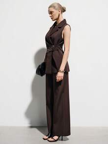 Aveloria Modichic Bộ đồ công sở cổ điển dành cho nữ, kiểu dáng thanh lịch, gồm áo ve lật, thắt eo, chi tiết xếp ly, trang trí kim loại và quần ống đứng. - Cà phê nâu - Xem 5