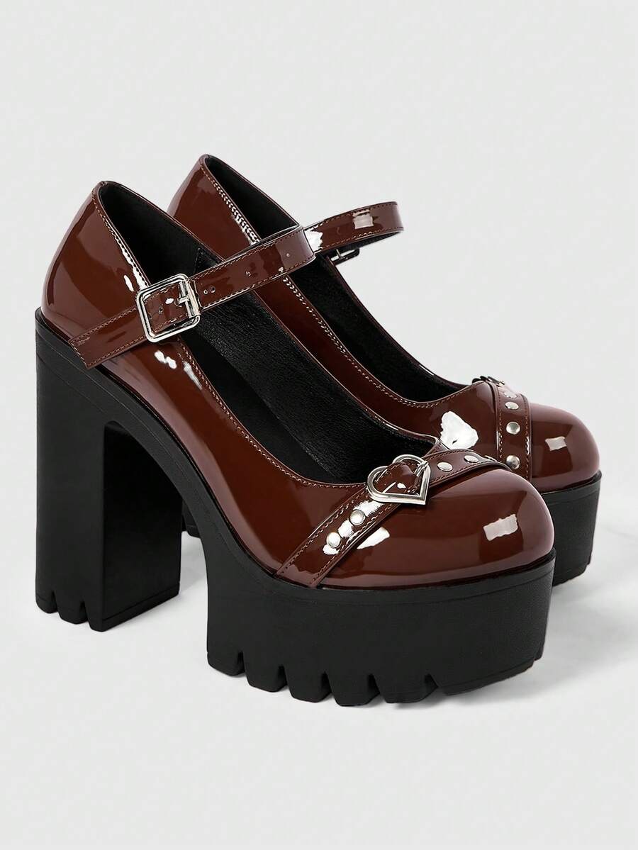 Sugerpunk Giày cao gót đế xuồng hai quai màu đỏ tía quyến rũ dành cho nữ, giày bít mũi đính đá hình trái tim có khóa cài, giày Mary Jane đế dày, chống thấm nước, thích hợp cho các bữa tiệc đêm, Giáng sinh. - Màu nâu Sô-cô-la - Xem 1