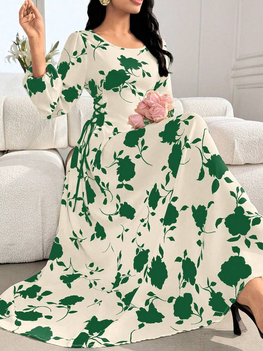 SHEIN Najma Round Neck Lantern Sleeve Side Drawstring Dual-Color Print Dress - Green - View 1