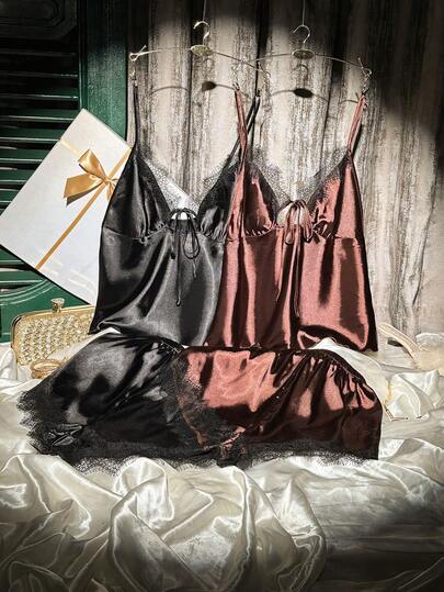 SHEIN 2pcs Lace Patchwork Faux Silk Sexy Camisole & Shorts Pajama Set