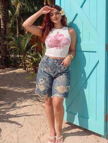 ROMWE Fairycore Summer Outfits Vintage Floral Print Washed Plus Size Women Loose Wide Leg Cropped Jeans - Blue - View 9