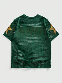 ROMWE MEN Street Life Áo nam mùa hè thời trang đường phố, họa tiết chữ cái và ngôi sao, chất liệu jacquard khoét rỗng, hơi xuyên thấu. - Màu xanh lá cây đậm - Xem 2