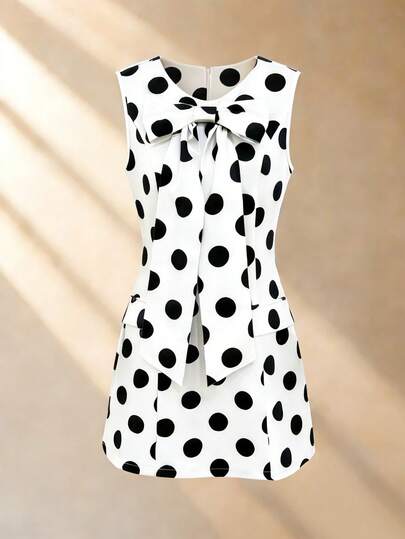 SHEIN Elenzya 女士黑色波点无袖蝴蝶结领腰部口袋A字迷你连衣裙，优雅通勤可爱百搭春夏款