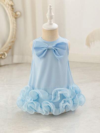 SHEIN Glamorique Kids Vestido sin mangas para niñas bebé con adorno de lazo y flores 3D, adecuado para boda, fiesta, cumpleaños, vacaciones y sesión de fotos en verano