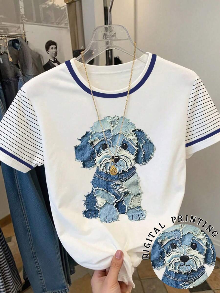 Resyla Women's Casual Dog Print Striped Patchwork Round Neck Short Sleeve T-Shirt, Summer - White - View 1