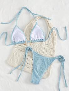 Swim SXY Đồ bơi mùa hè cho nữ, bộ bikini buộc dây cổ họa tiết sao biển và vỏ sò, quần bikini tam giác cạp cao buộc dây, đồ bơi đi biển, phụ kiện ngẫu nhiên. - Màu xanh bụi bặm - Xem 3