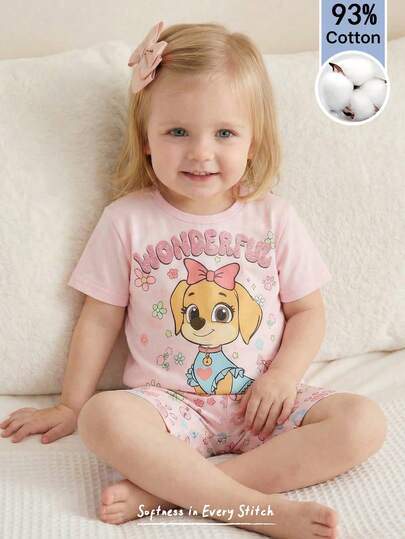 Cozy Pixies Baby Girl Cartoon Animal Print Soft Knit Round Neck Short Sleeve Top And Elastic Waist Shorts 2-Piece Set
