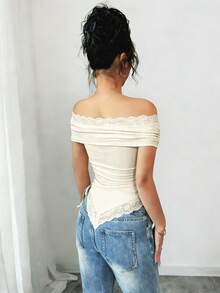 Rafferiza 女士休闲通勤露肩短袖T恤，夏季 - 杏色 - 查看 2