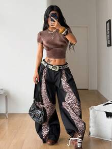 Coolane 女士春冬Y2K休闲绞花针织连体衣豹纹迷你T恤，修身款 - 摩卡棕 - 查看 6