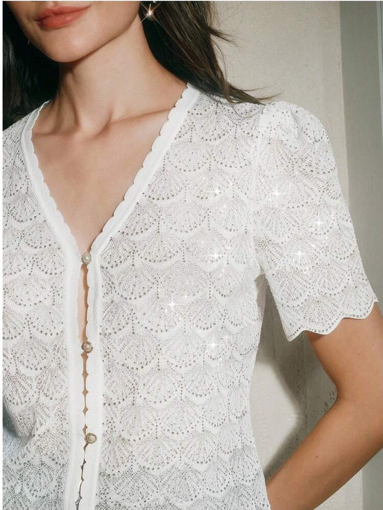 Women's Sparkly Pearl V-Neck Flared Jacquard Knit Short Sleeve Cardigan Lace Tops For Women Lace White Top