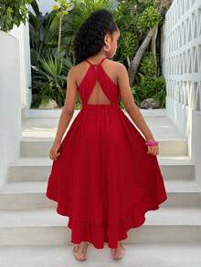 Tween Girl Solid Color Halter Hem Curved Waist Dress, Vacation - Red - View 2