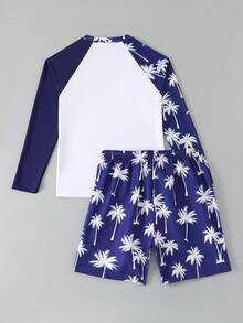 SHEIN 青少年男童热带冲浪风泳衣，藏青色和深蓝色底色，饰以白色棕榈树印花，长袖，时尚休闲，清爽舒适，适合游泳、夏季度假、海滩和泳池派对。 - 藏蓝色 - 查看 2