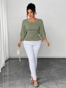 SHEIN Elenzya Áo thun nữ cỡ lớn, chất liệu dệt kim co giãn cao, tay chuông, cổ tròn, màu trơn, kiểu dáng thanh lịch. - màu xanh lá - Xem 4