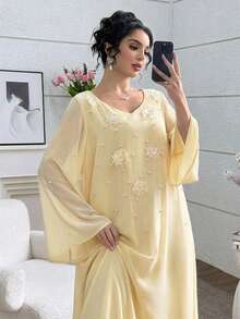 Yasmyna V-Neck Front Embroidered Bubble Pearl Flare Sleeve Dress, Arabic Style - Yellow - View 1
