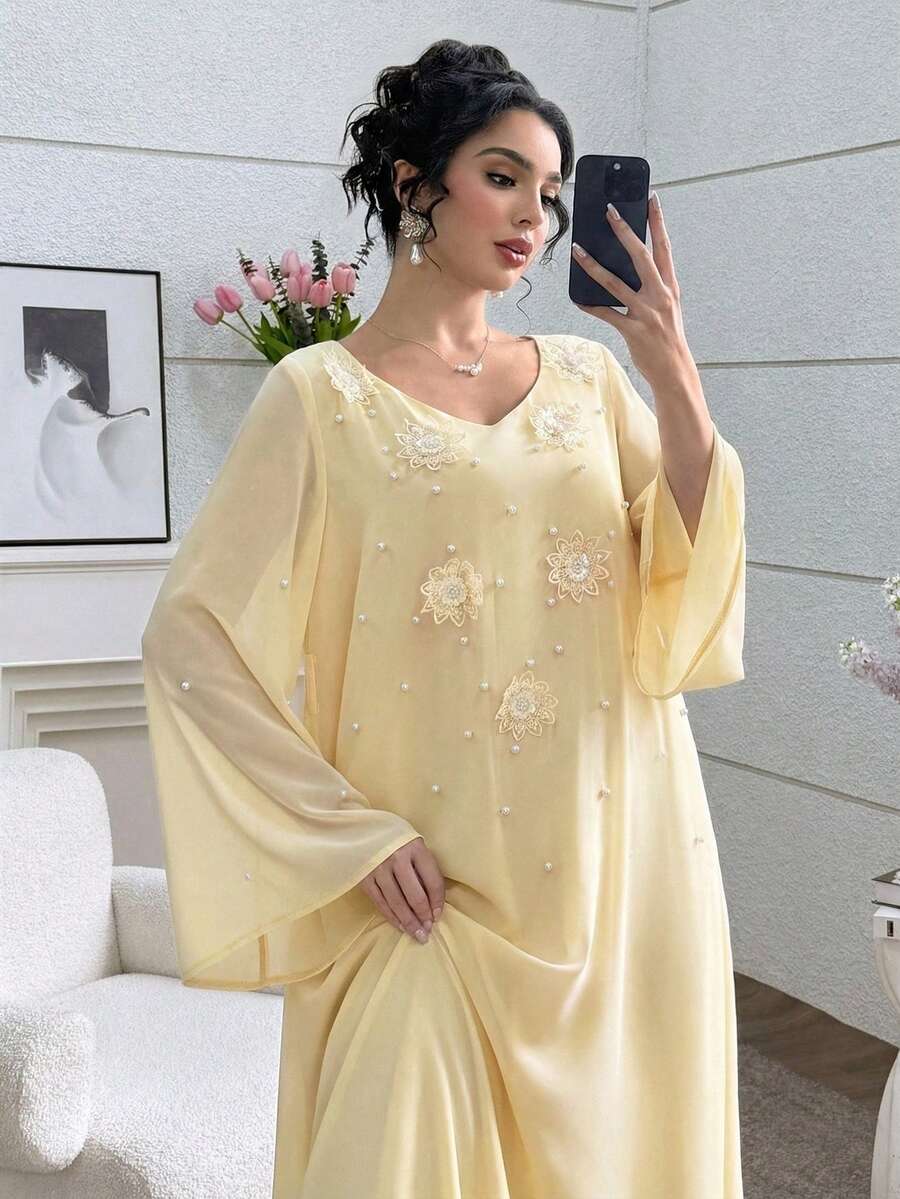 Yasmyna V-Neck Front Embroidered Bubble Pearl Flare Sleeve Dress, Arabic Style - Yellow - View 1