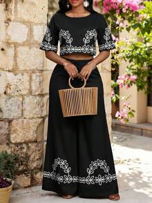 SHEIN Lady Women's Casual Vacation Style Plant Embroidery Cropped Top And Wide Leg Pants 2 Pieces Set, Spring/Summer/Autumn - Black and White - View 1