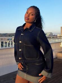 Tyla Gomez 女深蓝色牛仔套装长袖牛仔外套和卷边下摆裙25秋冬新款韩版休闲装办公室女装ins风秋季外套两件套牛仔套装女 - 深色水洗藍 - 查看 4