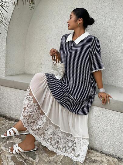 Dazy Plus Vestido casual de talla grande con rayas y encaje de contraste