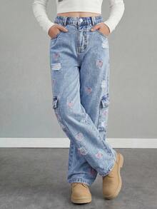 SHEIN Pantalon cargo en jean à jambes larges pour préadolescentes, mode de rue douce et cool, style casual sportif recommandé pour l'école, les sorties, les rencontres, les fêtes, les vacances. Noir avec cœur rose et impression anglaise, design à poches latérales, jean à jambes larges polyvalent à poches multiples convenant pour toute l'année - Jean brut - Voir 4