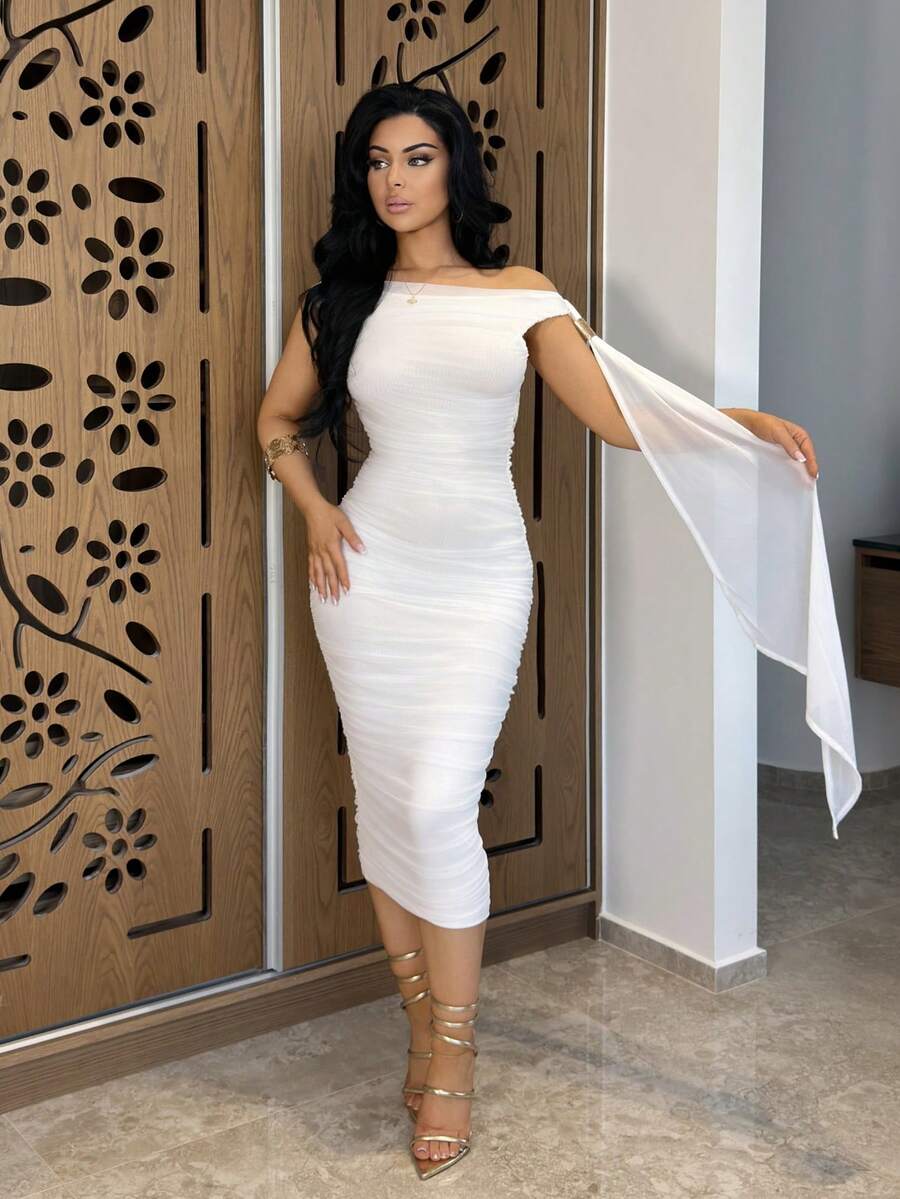 Women's Solid Color Asymmetric Ruffle Tie Waist Midi Dress, Elegant ...