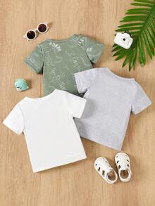 SHEIN Playful Pals Setelan Rajut 3 Potong Motif Dinosaurus Kasual untuk Balita, Kaos Lengan Pendek, Musim Semi/Panas - MultiWarna - View 2