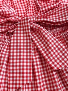 Sweetra 美式学院风红色复古格子短袖露背系带修身夏季简约纯少女休闲迷你连衣裙 - 紅色 - 查看 5