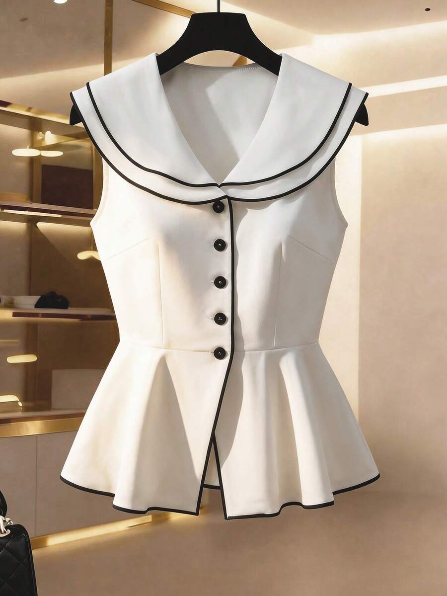 Franclia 女士新款春夏优雅法式名媛风黑白撞色滚边水手领无袖上衣，收腰荷叶边下摆，优雅通勤背心式衬衫 - 白色 - 查看 1