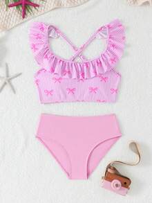 少女比基尼套装，可爱女孩度假学院风休闲粉色条纹蝴蝶结针织面料荷叶边装饰吊带两件式泳衣，时尚优雅女士适合游泳、夏季度假、海滩、泳池、假日派对 - 粉色 - 查看 3